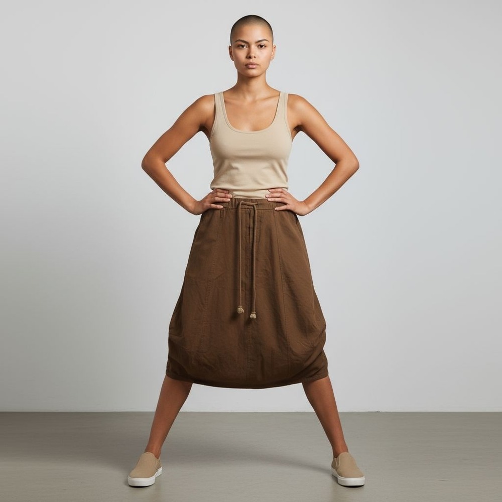 Dark Brown 100% Cotton Balloon Cargo Skirt Women L Drawstring Pockets Minimalist